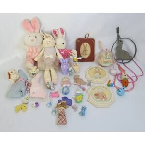 VINTAGE BUNNY COLLECTION Lot 34 Pieces Wall Hangings Wood Ceramic Easter Avon